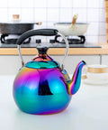 Induction Compatible Stovetop Tea Kettle Stainless Steel Whistling Tea Kettle Rainbow Iridescent Mirror Finish 2 Quart For Gas Stove Top Fast Boiling Water Modern Colorful Teakettle.