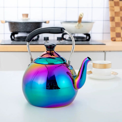 Induction Compatible Stovetop Tea Kettle Stainless Steel Whistling Tea Kettle Rainbow Iridescent Mirror Finish 2 Quart For Gas Stove Top Fast Boiling Water Modern Colorful Teakettle.