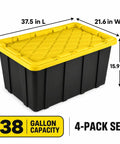 Heavy Duty 38 Gallon Storage Totes With Secure Snap On Lids 4 Pack Stackable Plastic Bins, 37.5 in L, yellow lid, black body.