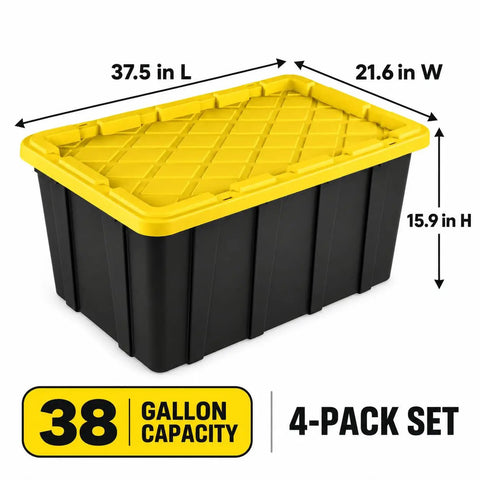 Heavy Duty 38 Gallon Storage Totes With Secure Snap On Lids 4 Pack Stackable Plastic Bins, 37.5 in L, yellow lid, black body.