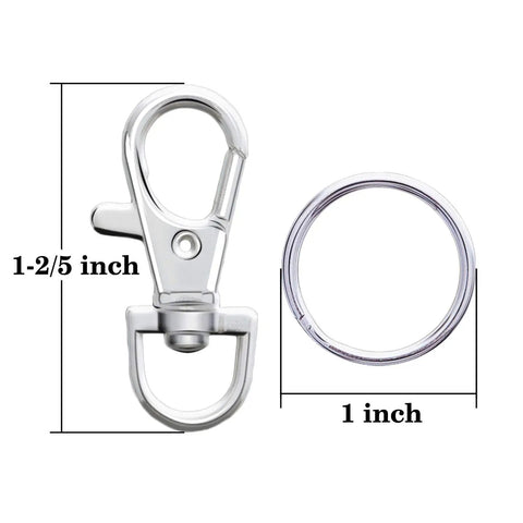 Heavy Duty Metal Swivel Lanyard Snap Hooks And Split Key Rings Bulk Keychain Connectors 100 Piece Set with 1-2/5 inch swivel clips and 1 inch rings