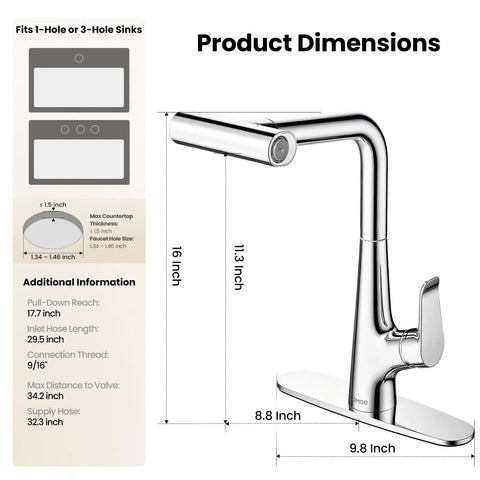 Dimensions of JOMOO Waterfall Pull Down Kitchen Faucet, Chrome, features pull-down sprayer, for single hole sinks.