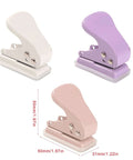 Three pastel-colored metal quarter-inch single hole punchers with 6mm round hole, 10 sheets capacity, for crafts and office projects.