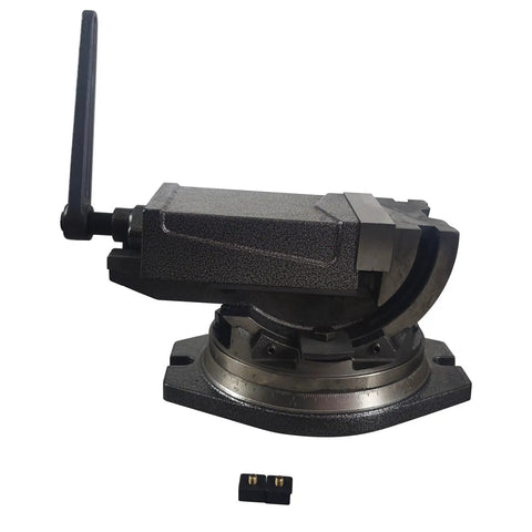 Six Inch Tilt And Swivel Milling Machine Vise Heavy Duty Cast Iron Base with adjustable jaws and sturdy clamp for machining.