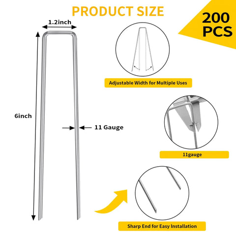 Diagram showing dimensions of 200 Pack 6 Inch Landscape Staples, 11 Gauge Galvanized U Shaped Garden Stakes with adjustable width