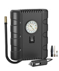 Portable 12V Tire Inflator With Analog Gauge, 100 PSI Quick Air Pump for Cars and Inflatables, shown with attachments