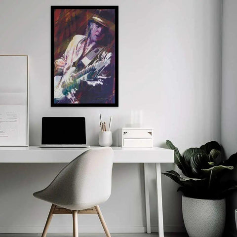 Officially Licensed Dope Blues Rock Legend Poster High Quality Print Wall Art For Living Room Bedroom Office And Studio Decor Perfect For Guitars Memorabilia Fans And Music Enthusiasts, framed on office wall.