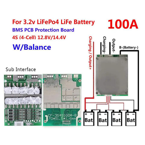 12V 100A 4S LiFePO4 Battery BMS Protection Board With Plug And Play Balancing and connection interface for battery setup.