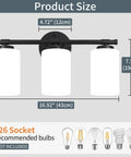Black 2 Light Vanity Light Over Mirror Wall Sconce With Milky White Frosted Glass Shades, product dimensions and bulb types