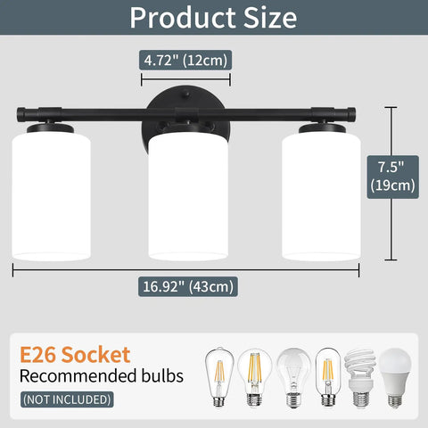Three Light Matte Black Vanity Lights Over Mirror With Milk White Glass Shades showing dimensions and bulb compatibility