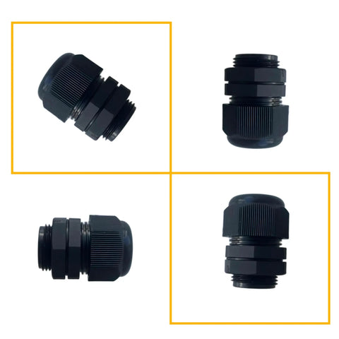 10-Pack One Half Inch NPT Black Cable Glands Waterproof IP68 Nylon Strain Relief Cord Grips 6-12mm Adjustable With Rubber Gaskets and Locknuts for Junction Boxes shown from four angles