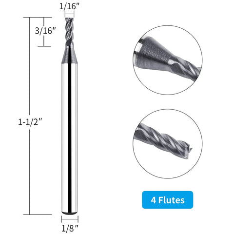 AlTiN-coated solid carbide end mill bit, 1/16 in cutting diameter, 4 flutes, 1/8 in shank, 1-1/2 in overall length
