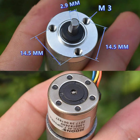 Close-up of Twenty Two Millimeter Planetary Gear Motor Stepper Motor With All Metal Gearbox showing shaft measurements.