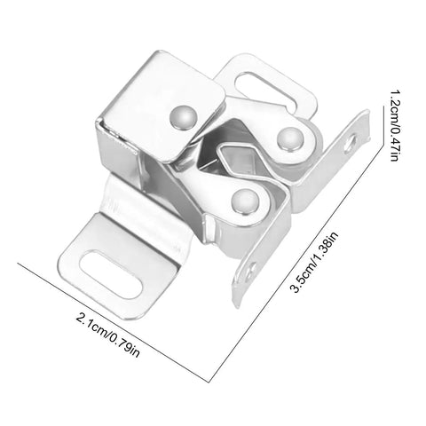 Push Release Magnetic Cabinet Latch With Double Wheel Spring Ball Bearing Door Catch in silver with dimensions