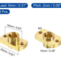 8 Pack TR8x8 Lead Screw Brass Nuts Set for 3D Printers, showing dimensions, trapezoidal Acme thread, 2mm pitch, 8mm lead