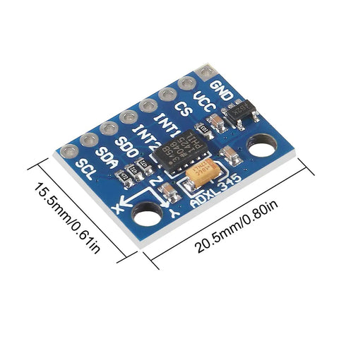Two Pack ADXL345 3-Axis Accelerometer Module With Tilt And Inclination, High-Res 16G Range, Digital 16-Bit Output, I2C Or SPI Interface, Perfect For Arduino, Raspberry Pi, Motion Sensing Projects. Blue PCB module with 15.5mm x 20.5mm dimensions