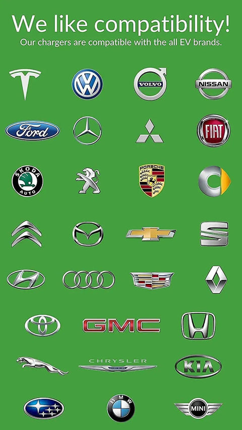 Logos of various car brands on green background, emphasizing compatibility with Level 2 Adjustable EV Wall Charger Station 220V
