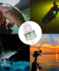 Collage of fishing scenes with 10 Pack Deep Drop LED Fishing Lights With Automatic Flashing Underwater Attractant, Tuna Green.