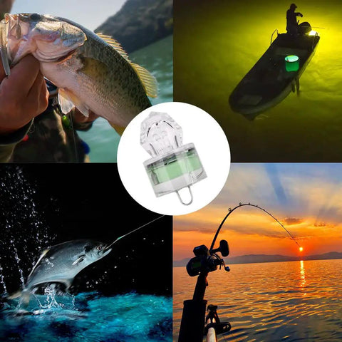 Collage of fishing scenes with 10 Pack Deep Drop LED Fishing Lights With Automatic Flashing Underwater Attractant, Tuna Green.