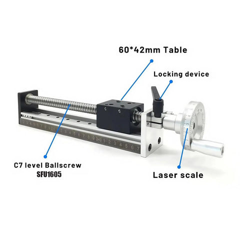 Manual Sliding Table Linear Stage Rail Guide 8 Inch 200mm with 1605 C7 Ballscrew, laser scale, locking device, handwheel