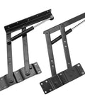 Two pairs of black metal folding lift hinges with hydraulic gas struts for coffee tables