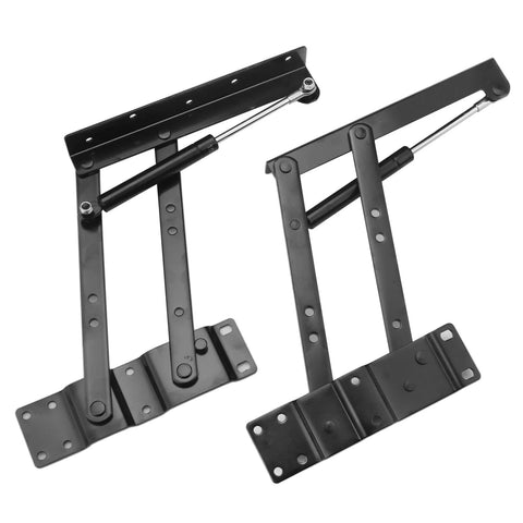 Two pairs of black metal folding lift hinges with hydraulic gas struts for coffee tables
