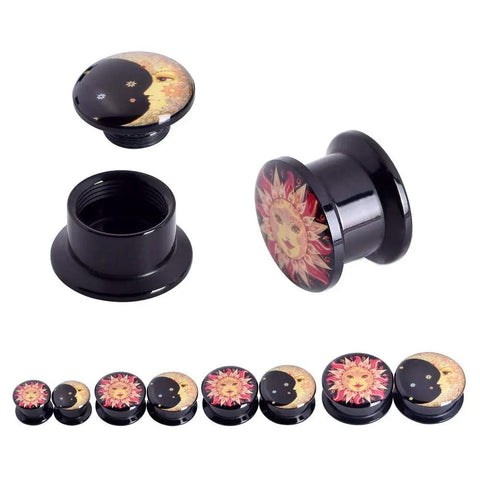 Six Piece Ear Plugs Set Sun Moon Natural Wood And Acrylic Tunnels Expander Plugs For Piercing Includes 0G 00G 8Mm 10Mm 12Mm And 14Mm