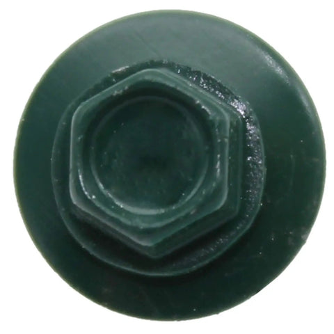Close-up of Heavy Duty Pro Grade 14 By One And A Half Inch Ivy Green Metal Roofing Screws with Hex Washer Head