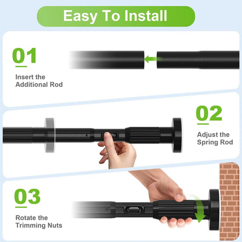 Steps to install the One Click Extendable Heavy Duty Tension Curtain Rod 41 to 165 Inch No Drilling Outdoor Rod