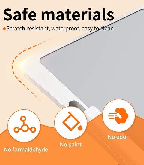 Corner of adjustable bedside laptop desk showing safe materials, scratch-resistant, waterproof features