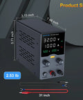 Dimensions and features of Pro Grade Adjustable DC Power Supply 30V 10A With Precision Encoder Knob 4 Digit LED Display USB Fast Charge