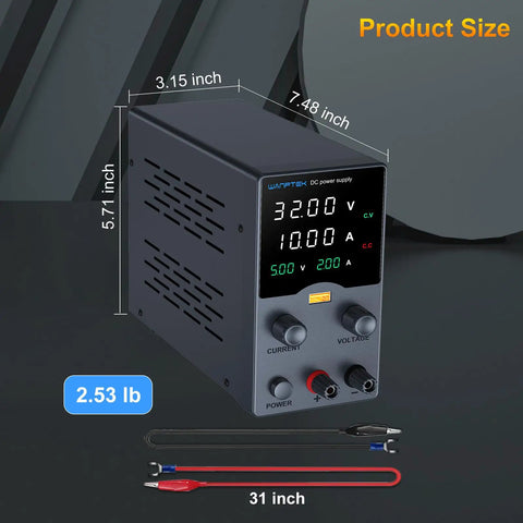 Dimensions and features of Pro Grade Adjustable DC Power Supply 30V 10A With Precision Encoder Knob 4 Digit LED Display USB Fast Charge