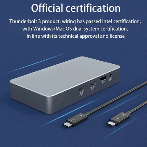 Slick M2 NVMe SSD Enclosure With Dual Bay Docking Station And USBC To USB 3.0 Hookup showing Thunderbolt 3 connections and sleek design.