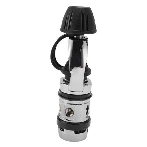 First Stage Scuba Regulator Five Port Chrome Plated Brass Construction Pro Grade Durable Underwater Diving Gear With Smooth Airflow Control For Serious Deep Dives with side view of black and chrome finish