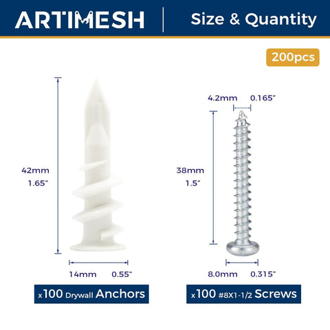 200 Piece Self Drilling Drywall Anchors Kit With 100 Screws showing dimensions of anchors and screws