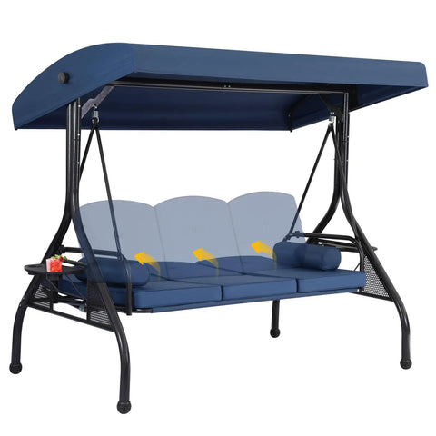 Blue three seat outdoor porch swing with adjustable canopy and stand, featuring removable cushions and cup holder for backyard hangout