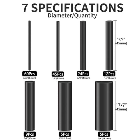 Heat Shrink Tubing Kit 150 Pcs With 3:1 Shrink Ratio Adhesive-Lined Marine Grade Black Wrap showing 7 size specifications