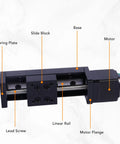 Built Legit 100 Mm Stroke Slide Table Single Rail Linear Stage Stepper Motor Driven showing motor, lead screw, and slide block parts.