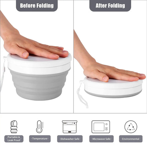 Collapsible Silicone Cup And Bowl Set For Camping Portable Ultralight Mess Kit with before and after folding view