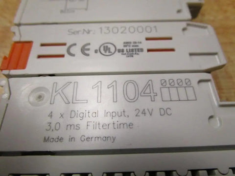 Close-up of KL1104 4 Channel 24V DC Digital Input Terminal for Industrial Automation and Control Systems with labels