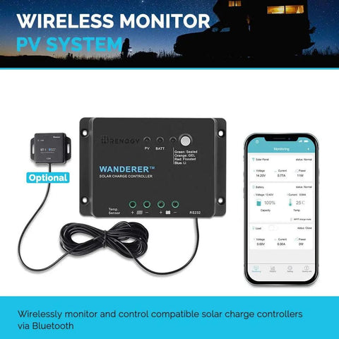 Wanderer Li 30A 12V PWM Solar Charge Controller Negative Ground With Temp Sensor with Bluetooth monitor and smartphone app.