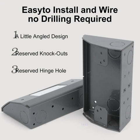 Under Cabinet Hidden Outlet Box With Slim Stainless Steel Build And Powder Coat Finish A Hassle Free Space Saving Electrical Solution For Kitchen Garage Or Workshop Low Profile And Rust Resistant Easy Install Under Counter Power Outlet showing angled design and knock-outs