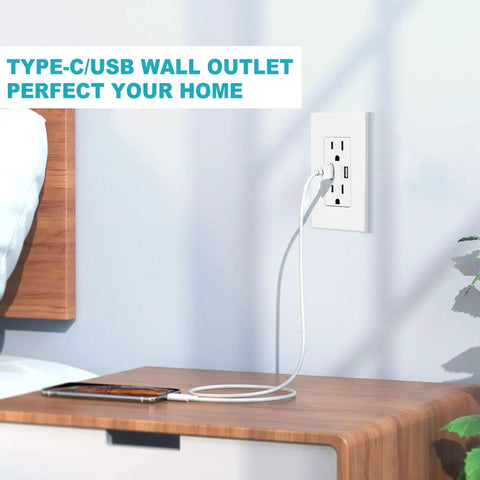 Dual USB Outlet Wall Receptacle With GaN USB C PD 65W Fast Charge Ports High Speed Receptacle installed by bedside