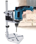 Portable Floor Drill Press Stand With Aluminum Alloy Frame And Large Anti-Shake Base For Hand Tools Repair, close-up view with drill mounted.