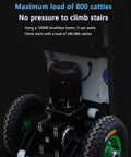 Close-up of Smooth Electric Stair Climber Hand Truck Battery Powered Trolley showing 1200W motor and sturdy wheels for easy stair climbing.
