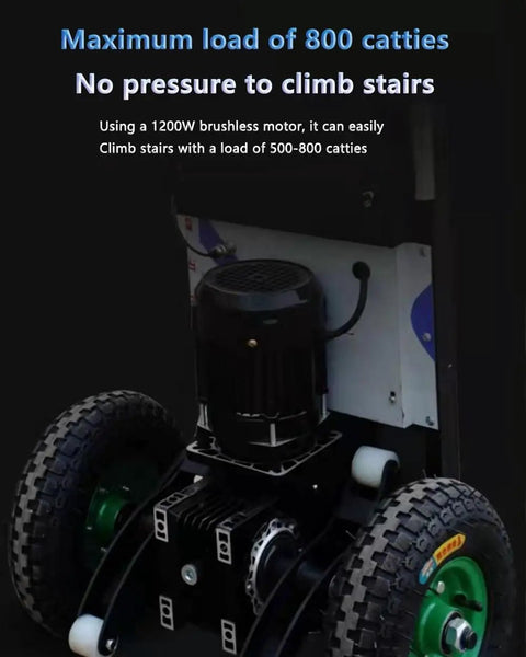 Close-up of Smooth Electric Stair Climber Hand Truck Battery Powered Trolley showing 1200W motor and sturdy wheels for easy stair climbing.