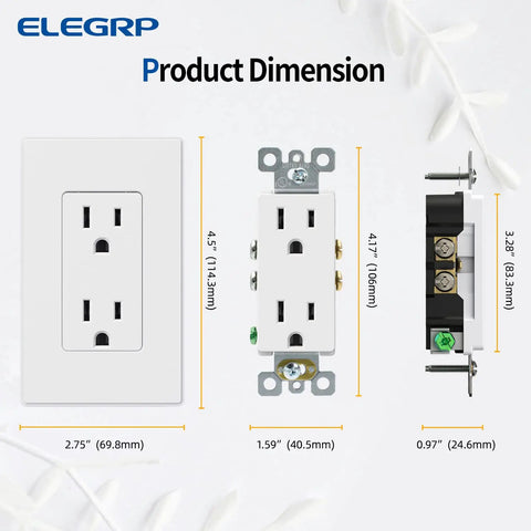 Dimensions of Matte White Decorator Electrical Outlet 15A 125V NEMA 5-15R 2 Pole 3 Wire Non Tamper Resistant Self Grounding