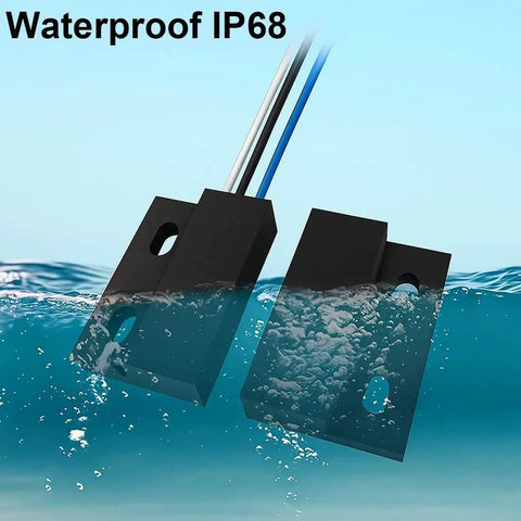 Three Sets NO NC Black Magnetic Door Sensor Reed Switch Kit submerged in water, showcasing IP68 waterproof design.