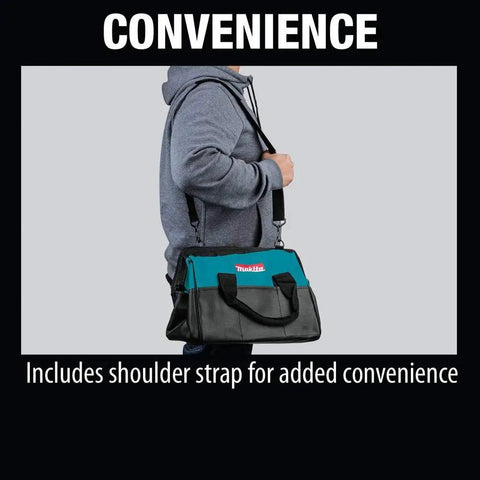 Person carrying Heavy Duty 14 Inch Contractor Tool Bag With Industrial Fabric, Reinforced Handles, Durable Zipper, Pro Grade Build