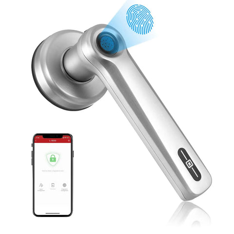Smart Door Lock Handle With Fingerprint Biometric Security for Bedroom Home and Office Use, shown with smartphone app interface.